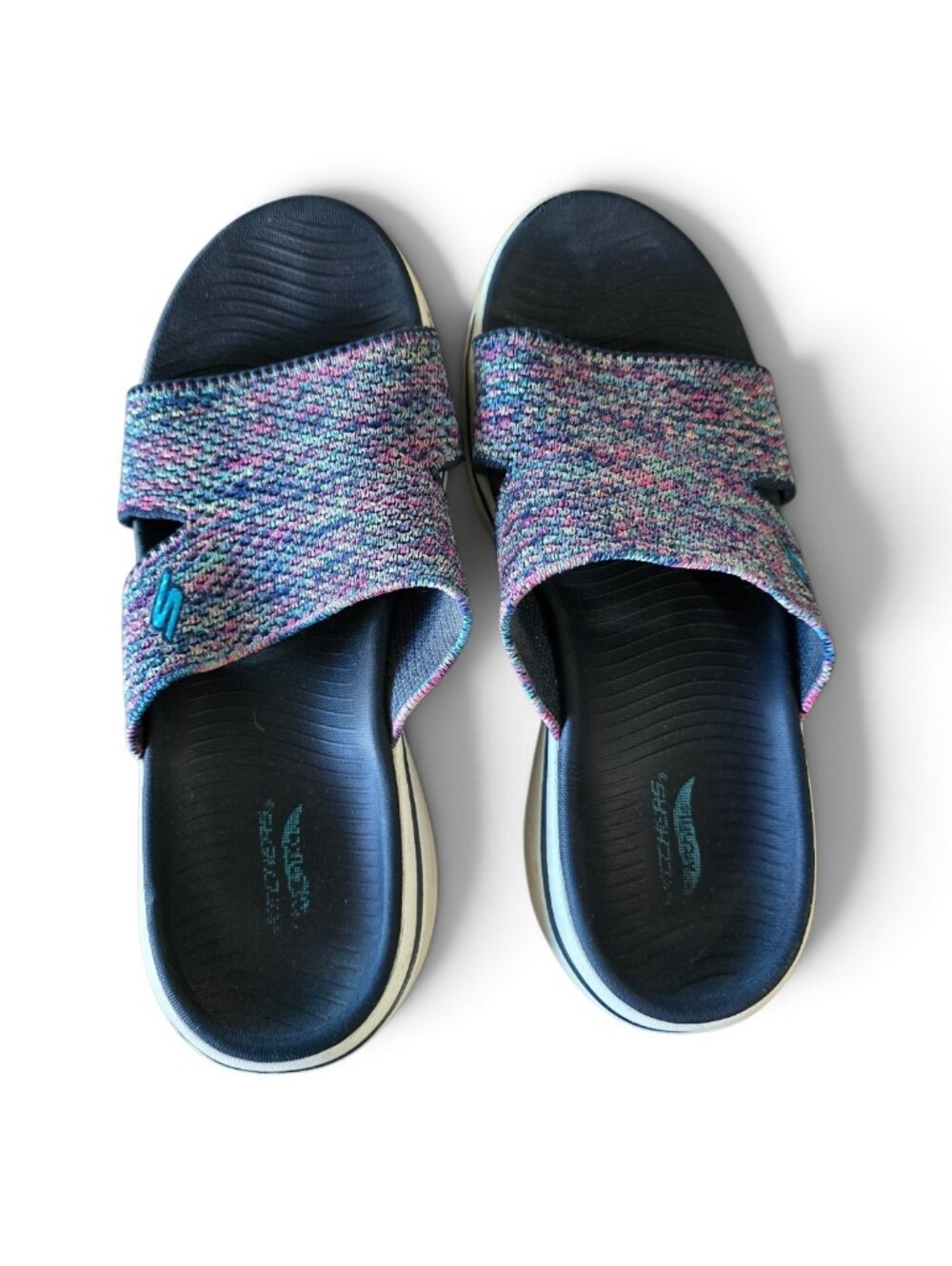 Skechers ArchFit Ultra Go Navy Slide Sandals with Multi-Color Knit Strap